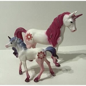 Schleich Bayala Mandala Pink White Glitter Unicorn Horse & Foal 2pc Figure LOT